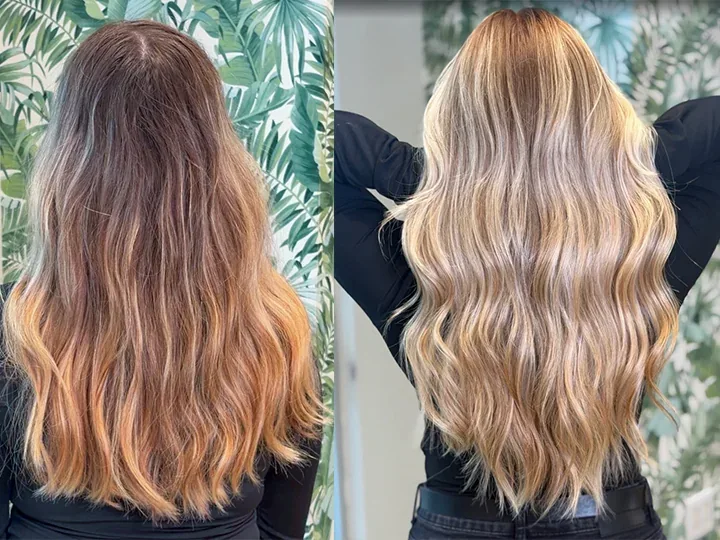 Before-and-after photographs of a Gleam Hair Studio hair color transformation